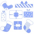 set of christmas icons, christmas items, gifts and christmas sock